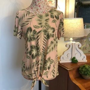 Pink Tropical Tie Front Vacation Blouse